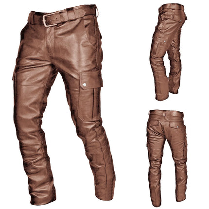 Plus Size 5XL Retro Men PU Leather Pants Street Wear Autumn Punk Style Multi Pocket Casual Pants Fashion Waterproof LeatherPants