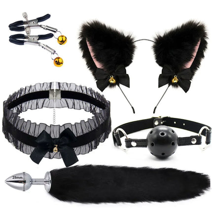 Female Male Erotic Cosplay Accessories of Cute Fox Tail Anal Plug with Soft Bow-Knot Cat Ears Headbands Collar for SM Sex Toys