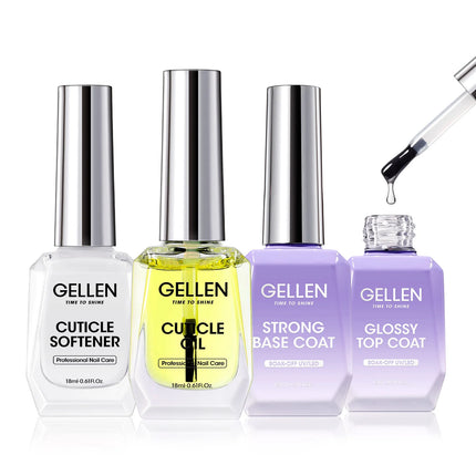 GELLEN Nail Polish Set 18ml 4PCS Kit Base Coat Top Gel Cuticle Softener Oil Salon Quality Manicure Pedicure Valentines Gift