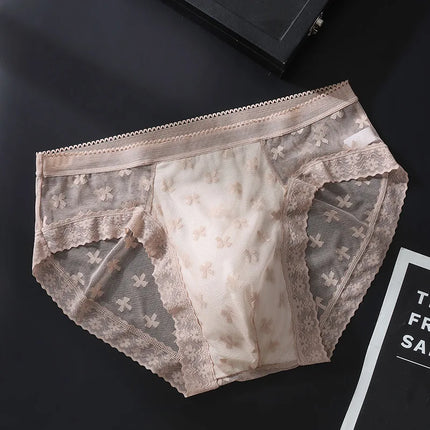 Men's Sexy Sheer Mesh Lace Briefs Cross Jacquard Embossed 3D Pouch Ice Cool Ultra Thin Low Rise Male Underwear