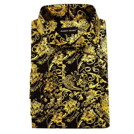 Luxury Silk Shirts for Men Long Sleeve Gold Black Floral Embroidered Regular Slim Fit Male Tops Regular Lapel Bloues Barry Wang