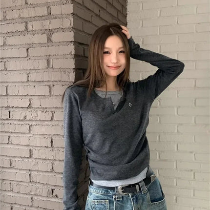 2024 Autumn Winter Long Sleeves Korean Fashion Style O-neck T-shirt For Women Fake Two-Piece T-shirts Ladies Top Tee Clothes