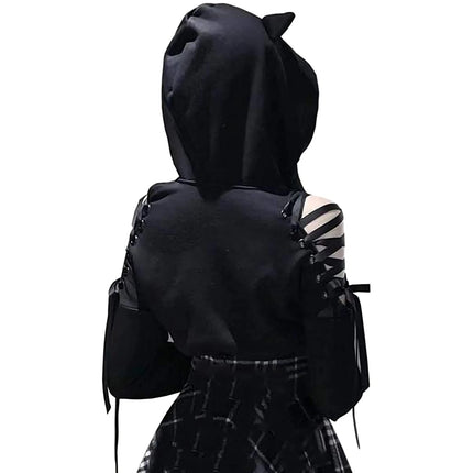 Women Autumn Teen Girls Crop Hoodie Long Sleeve Cold Shoulder Cute Cat Ear Pullovers Hooded Sweatshirt Tops Y2K E-Girls Clothes