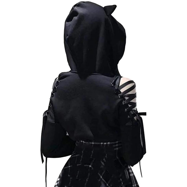 Women Autumn Teen Girls Crop Hoodie Long Sleeve Cold Shoulder Cute Cat Ear Pullovers Hooded Sweatshirt Tops Y2K E-Girls Clothes