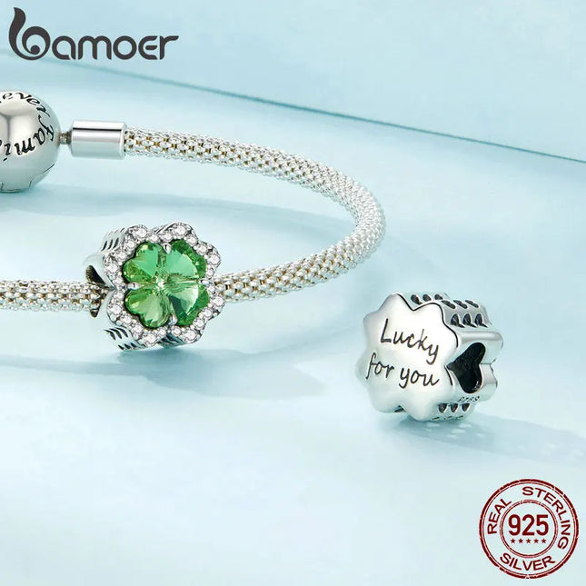 Bamoer 925 Sterling Silver Green Transparent Clover Beads The Tree of Life Family Pendant Plant Charms for Women Necklace DIY