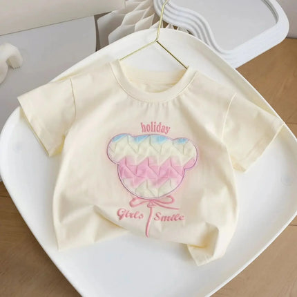 Sweet Cartoon Cotton Short Sleeve T-Shirt for Little Girls 3D Bear Design Summer New Style Children's Casual Wear from Mainland