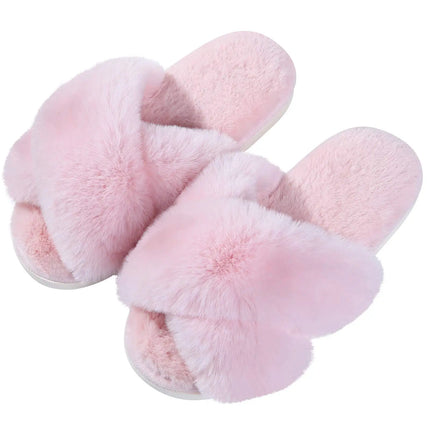 Evshine Women Fuzzy Slippers Fashion Cross Band Memory Foam House Slippers Indoor Outdoor Open Toe Plush Slides Casual Flat Shoe
