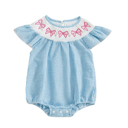 Newborn Baby Girl Clothes Short Sleeve Smocked Bow Print Embroidery Romper Stripe Bodysuit Summer Outfits 0-18M