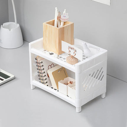 PP Desktop Double Layer Storage Rack Rectangular White Organizing Student Desk Office Cosmetics Stationery Shelf