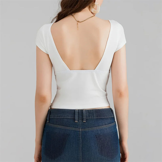 Lamuusaa y2k Tops Women Summer Clothes Sweet Solid Color V Neck Short Sleeve T Shirts Tanks 2000s Aesthetic Tees Streetwear