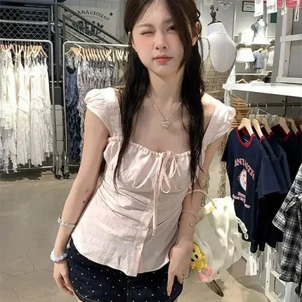 Pure Desire Pink Square Collar Short Sleeve Women's Shirt Summer Slim Fit Sweet And Spicy Girl High End Versatile Casual Waist C