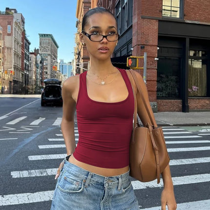 Hugcitar 2025 Summer Solid Straps Sexy Slim Crop Tank Top Women Casual Y2K Clothes Streetwear Party Sport Festival Wholesale