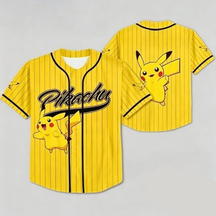 2026 Summer Pikachu Retro Cosplay Baseball Jersey Men's Oversized 3d Printed Short-Sleeved Family Unisex Children's Sports Shirt