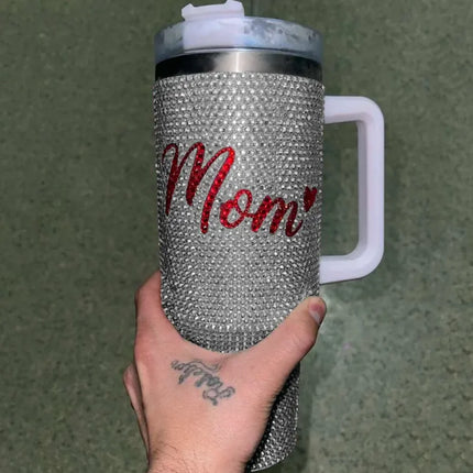 40Oz Stainless Steel Tumbler with Straw Mother's Day Gift Handmade Rhinestone Water Bottle Tumbler Luxury Bling Thermos Bottle