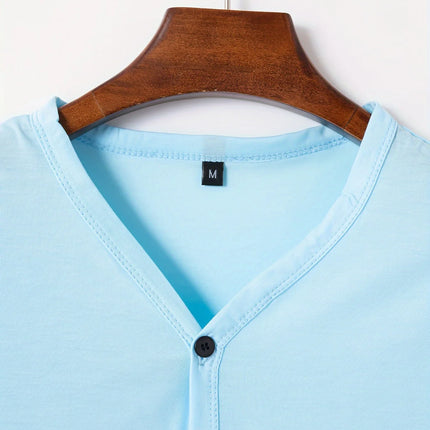 Men's solid color V-neck Henley short-sleeved T-shirt, casual button-down placket, everyday commuting base layer.