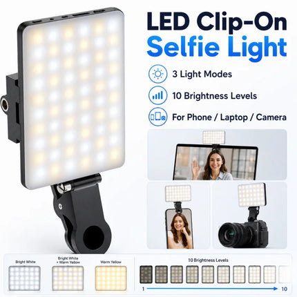 Portable Clip On Selfie Light LED Fill Light 3 Modes Video Conference Lamp for Phone Camera Laptop Makeup Vlog