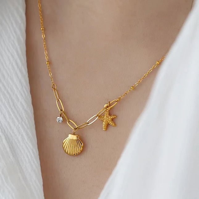 EILIECK 316L Stainless Steel Pearl Shell Starfish Sun Charm Necklace For Women Ocean Style Gold Plated Handmade Holiday Jewelry