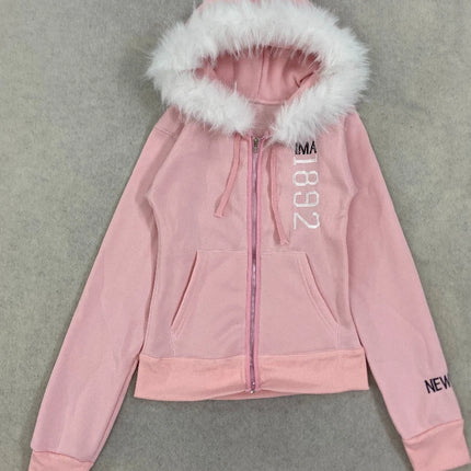 Winter Retro Pink Fur Hoodie Women's Y2K Harajuku Artificial Fur Collar Jacket Fashion Slimming Belt Hot Girl Sportswear