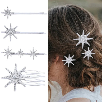 4PC Wedding Barrettes Set Bride Star Hair Clip Pins Metal Hair Comb Bridal Barrettes Rhinestones Hair Clip Hair Accessories