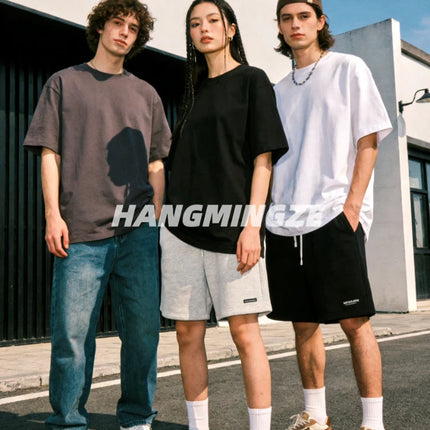 Oversize T-shirts 230GSM Cotton Couple T-Shirt High Street Short Sleeves Tee Shirt Solid Color Casual Loose Basic Streetwear Top