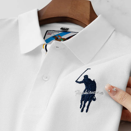 Luxury Embroidery Men's Polo Shirt Summer Thin Breathable 100% Cotton Black Navy Blue Lapel Short-Sleeved Tops Brand Clothing