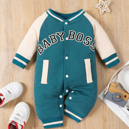 Fashionable letter printed long sleeved round neck cute and personalized baby boy jumpsuit