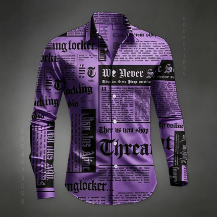 Men's Shirt Long Sleeved Shirt Newspaper Letter Print Retro Casual Single Breasted Shirt Street Style Trendy Men's Top XS-6XL