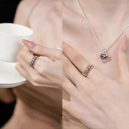 Fashionable 925 Sterling Silver Tri-Color Connected Heart, Interwoven, Sliding Heart, and Organic Double-Layer Ring - Couple Style Jewelry