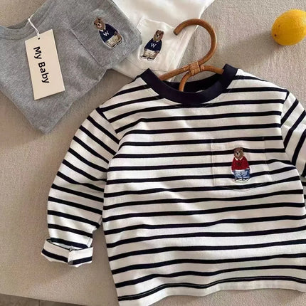 Long Sve Children's T-irt Boys' Inner Wear Striped Top for Big Kids Toddler Boys' Base Layer Bear Design Korean Sle