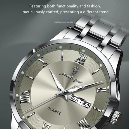POEDAGAR Luxury Fashion Men Clock Waterproof Luminous Date Week Man Wristwatch Sports Stainless Steel Quartz Men's Watches Reloj