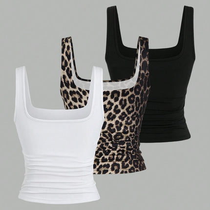 Women's three-piece summer sports vest set, elastic and breathable fabric, sleeveless casual sportswear