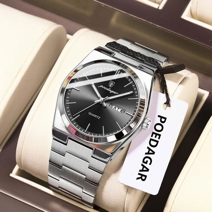 POEDAGAR Luxury Men's Quartz Wristwatch Waterproof Luminous Date Week Man Watch Stainless Steel Business Fashion Watches For Men