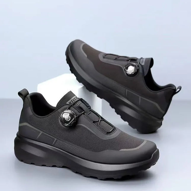 Mens Slip Resistant Running Shoes Black Thick Sole with Rotating Button Casual Sneakers for Outdoor Sports Commuting
