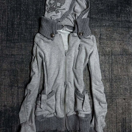 Y2K Gothic retro ladies hooded sweater color matching design Skull pattern hot drilling decoration high street trend 2026 new