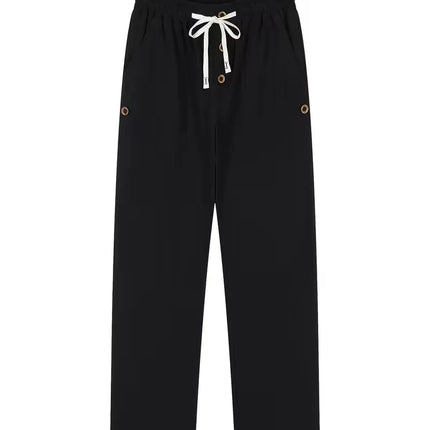 Men's Linen Drawstring Pants Casual Button Detail Elastic Waist Breathable Beach Vacation Daily Wear Straight Leg Trousers for M