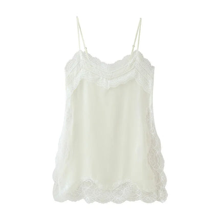 Women Lace Patchwork Sling Top Sexy V-neck Sleeveless Side Split Solid Color Vest 2025 New Summer Lady Party Vacation Tops