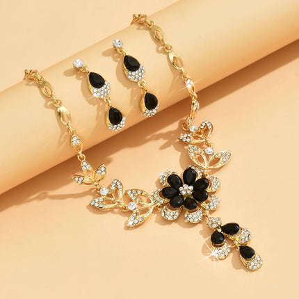 3PC Women's Fashion Trend Black Gold Flower Necklace Earrings Jewelry Set Wedding Banquet Party Festival Gift