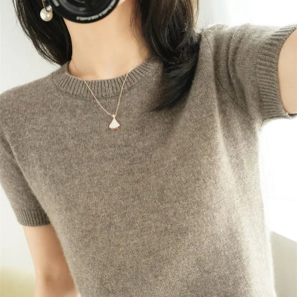 Summer New Women's Knitted Short Sleeve T-shirt Thin Wool Cashmere Short Sleeve Loose Fit Round Neck Top Outerwear Straight Cut