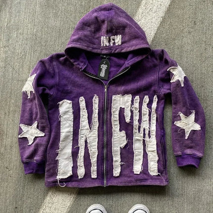 star pattern patchwork sweater letters long-sleeved pullover hoodie loose and fashionable trendy original street style vintage