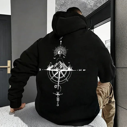 Vintage Compass Printing Hoodies for Men Hooded Long Sleeve Pullover Spring and Autumn Daily Casual Sports Tops Men's Clothes