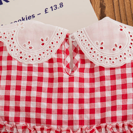 Korean Style Toddler Dress Strawberry Embroiderey Red Baby Gril Sleeveless Check Dress for Kids Girl Casual Outdoor Dress