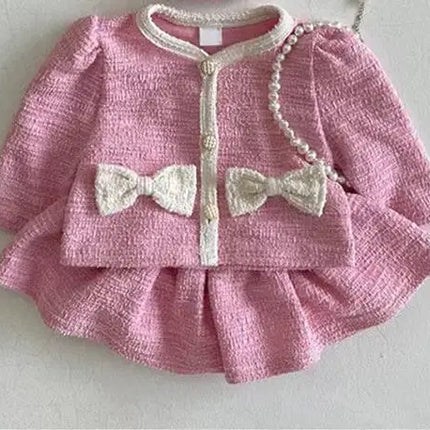 Autumn Fashion Girl Children Bow Long Sleeves Shirt Set Baby Sweet Cotton Tops + Solid Skirt 2pcs Kid Infant Casual Blouses Suit