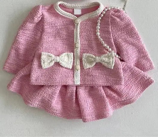 Autumn Fashion Girl Children Bow Long Sleeves Shirt Set Baby Sweet Cotton Tops + Solid Skirt 2pcs Kid Infant Casual Blouses Suit