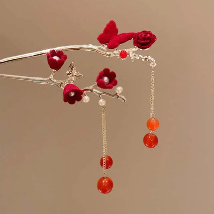 Rose Flower Hair Stick Tassel Hairpin Chinese Wedding Accessories Hairpin Hair Stick Female Hair Ornament Styling Tools