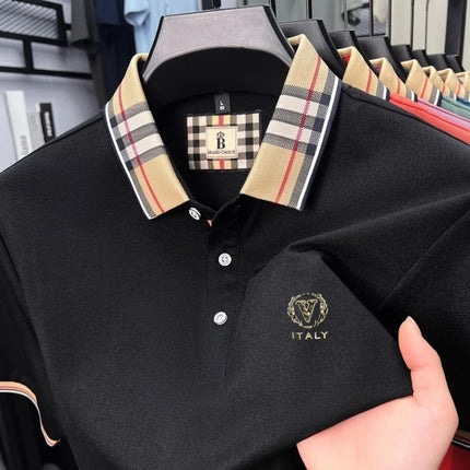 High quality silky cotton short sleeve polo shirt men's luxury brand letter embroidery striped lapel summer breathable T-shirt