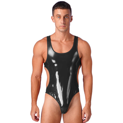 Mens Wet Look Patent Leather Bodysuit One-Piece Swimsuit Pool Party Swimwear Open Back U Neck Sleeveless Jumpsuit Leotard