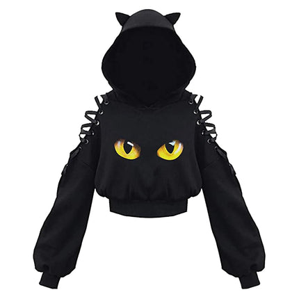 Women Autumn Teen Girls Crop Hoodie Long Sleeve Cold Shoulder Cute Cat Ear Pullovers Hooded Sweatshirt Tops Y2K E-Girls Clothes