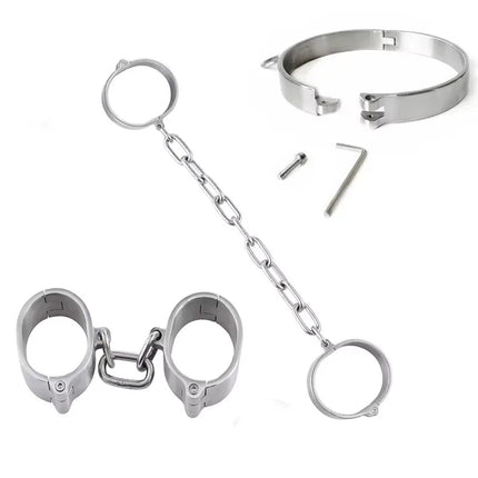 Stainless Steel Handcuff Slave Restraints Set Bondage Collar Ankle Cuffs BDSM Bondage Restraint Sex Toys for Women Man Couples