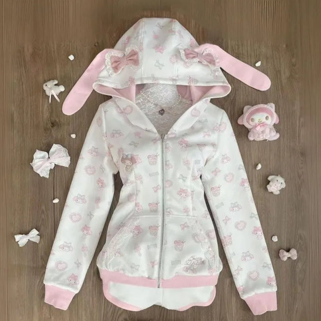 Harajuku Japanese Kawaii Sweatshirts Cartoon Rabbit Print Hoodie Y2k Pink Subculture Bow Zip Up Hoodie Women Slim Anime Hoodie