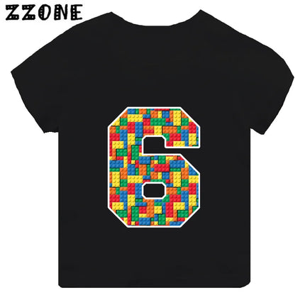 Building Blocks Bricks Number Bow Print Cartoon Boys Clothes 1 2 3 4 5 6 7 8 9 Years Birthday Kids T-shirt Baby Girls T-Shirts